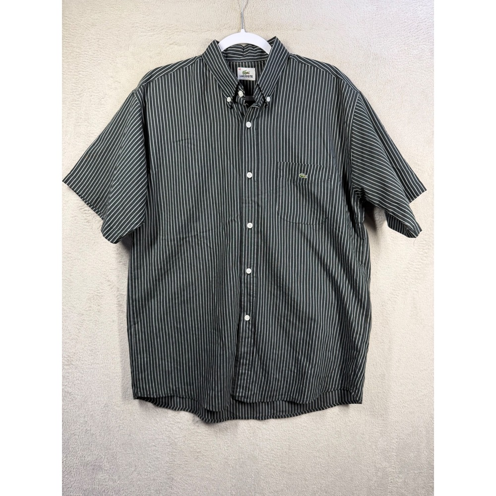 Lacoste Button Down Shirt Mens 42 Black Pinstripe‎ Short Sleeve Preppy Logo 5240